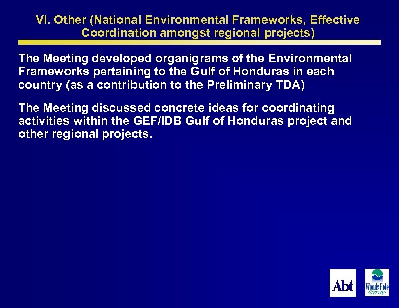 VI. Other (National Environmental Frameworks, Effective Coordination amongst regional projects) The Meeting developed organigrams