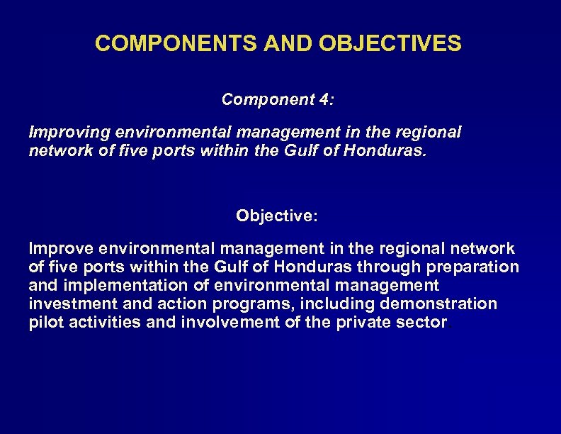 COMPONENTS AND OBJECTIVES Component 4: Improving environmental management in the regional network of five