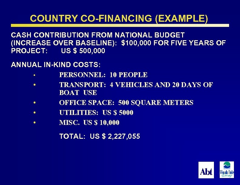 COUNTRY CO-FINANCING (EXAMPLE) CASH CONTRIBUTION FROM NATIONAL BUDGET (INCREASE OVER BASELINE): $100, 000 FOR