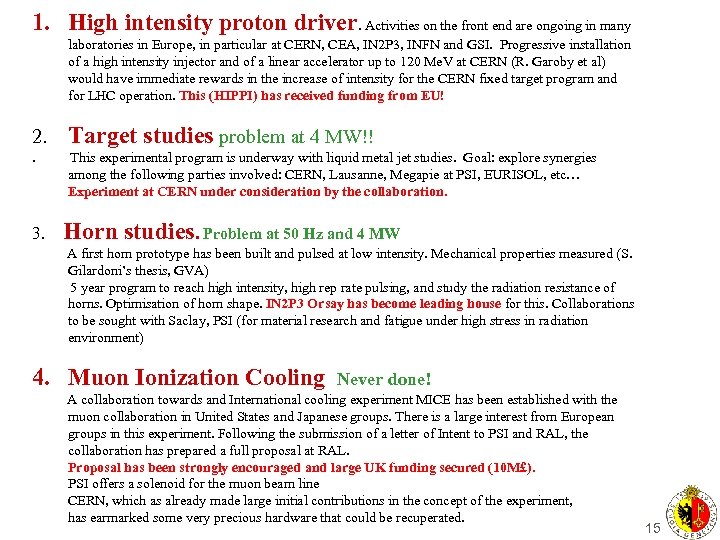 1. High intensity proton driver. Activities on the front end are ongoing in many