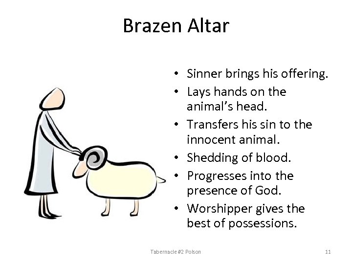 Brazen Altar • Sinner brings his offering. • Lays hands on the animal’s head.