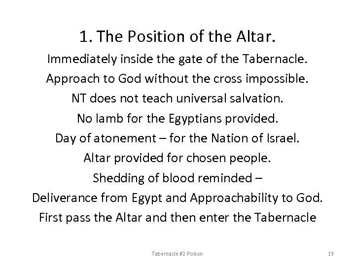 1. The Position of the Altar. Immediately inside the gate of the Tabernacle. Approach