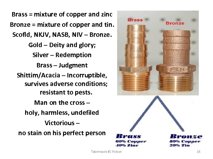 Brass = mixture of copper and zinc Bronze = mixture of copper and tin.