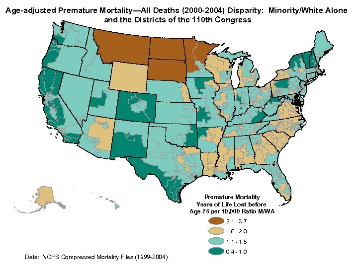 Age-adjusted Premature Mortality—All Deaths (2000 -2004) Disparity: Minority/White Alone and the Districts of the