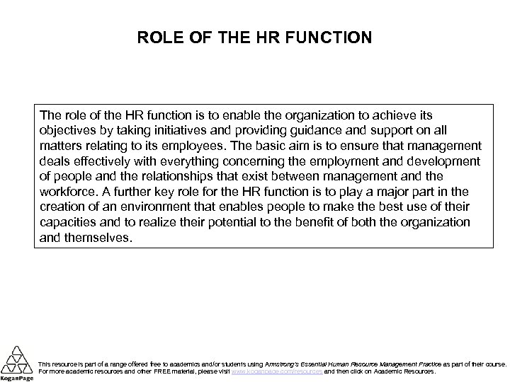 ROLE OF THE HR FUNCTION The role of the HR function is to enable