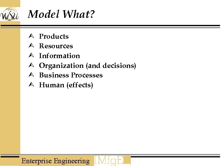 Model What? Ù Ù Ù Products Resources Information Organization (and decisions) Business Processes Human