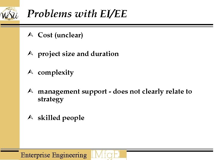 Problems with EI/EE Ù Cost (unclear) Ù project size and duration Ù complexity Ù