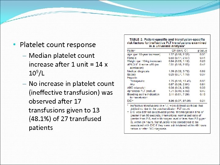  • Platelet count response – Median platelet count increase after 1 unit =