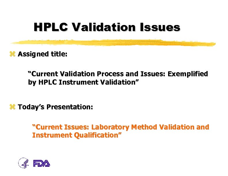 HPLC Validation Issues z Assigned title: “Current Validation Process and Issues: Exemplified by HPLC