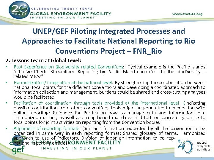 UNEP/GEF Piloting Integrated Processes and Approaches to Facilitate National Reporting to Rio Conventions Project