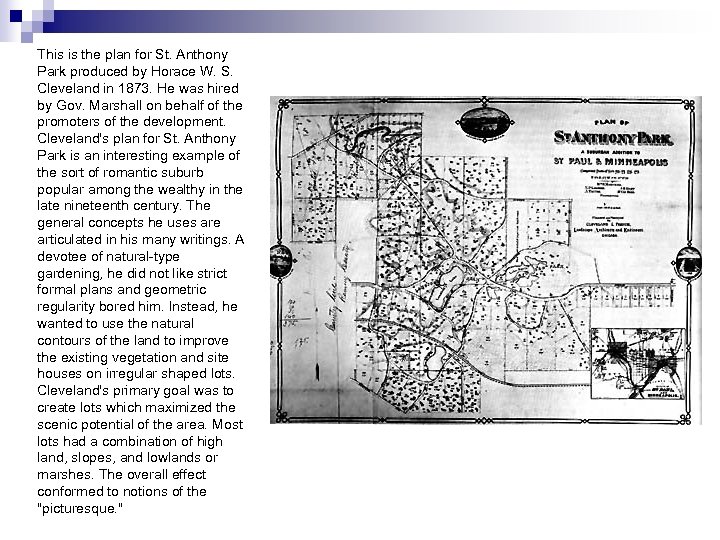 This is the plan for St. Anthony Park produced by Horace W. S. Cleveland
