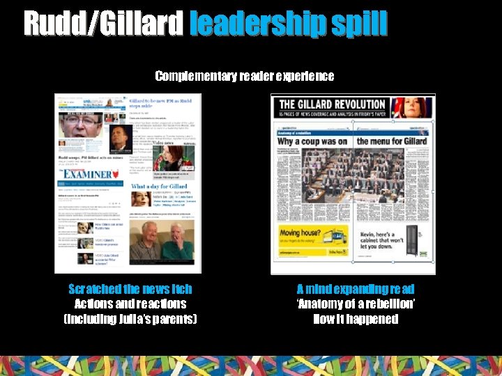 Rudd/Gillard leadership spill Complementary reader experience Scratched the news itch Actions and reactions (including