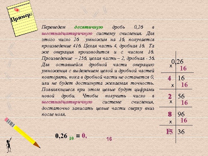 : мер При Переведем десятичную дробь 0, 26 в шестнадцатиричную систему счисления. Для этого