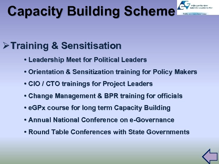 Capacity Building Scheme Ø Training & Sensitisation • Leadership Meet for Political Leaders •
