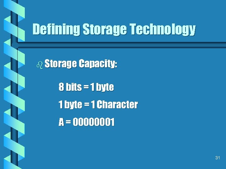 Defining Storage Technology b Storage Capacity: 8 bits = 1 byte = 1 Character