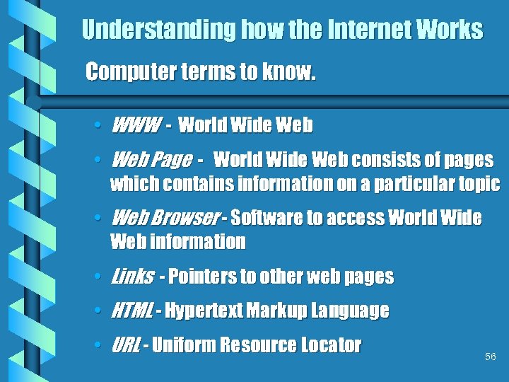 Understanding how the Internet Works Computer terms to know. • WWW - World Wide