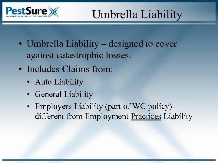 Umbrella Liability • Umbrella Liability – designed to cover against catastrophic losses. • Includes
