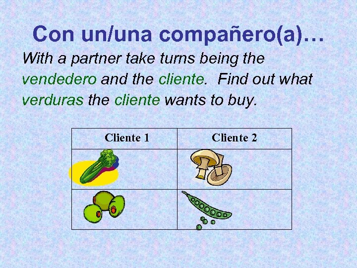 Con un/una compañero(a)… With a partner take turns being the vendedero and the cliente.