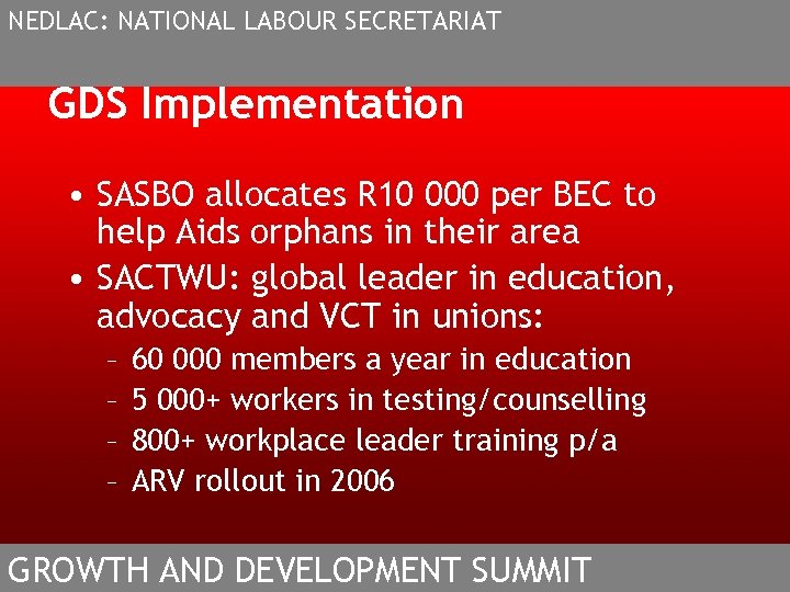 NEDLAC: NATIONAL LABOUR SECRETARIAT GDS Implementation • SASBO allocates R 10 000 per BEC