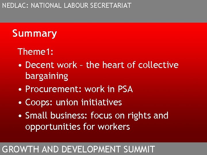 NEDLAC: NATIONAL LABOUR SECRETARIAT Summary Theme 1: • Decent work – the heart of