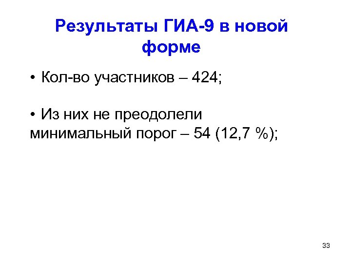 Результаты ГИА-9 в новой форме • Кол-во участников – 424; • Из них не