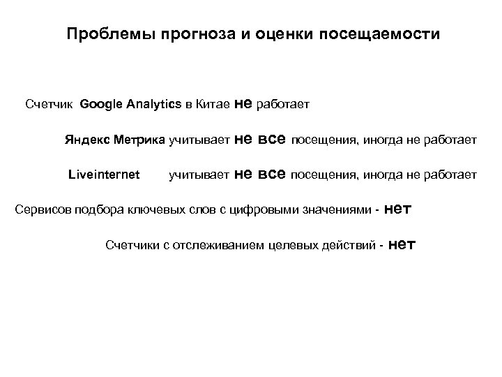 Проблемы прогноза и оценки посещаемости Счетчик Google Analytics в Китае не работает Яндекс Метрика