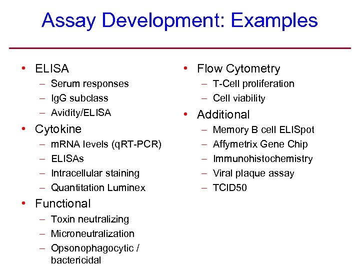Assay Development: Examples • ELISA – Serum responses – Ig. G subclass – Avidity/ELISA
