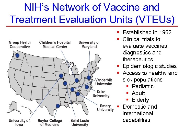 NIH’s Network of Vaccine and Treatment Evaluation Units (VTEUs) § Established in 1962 §
