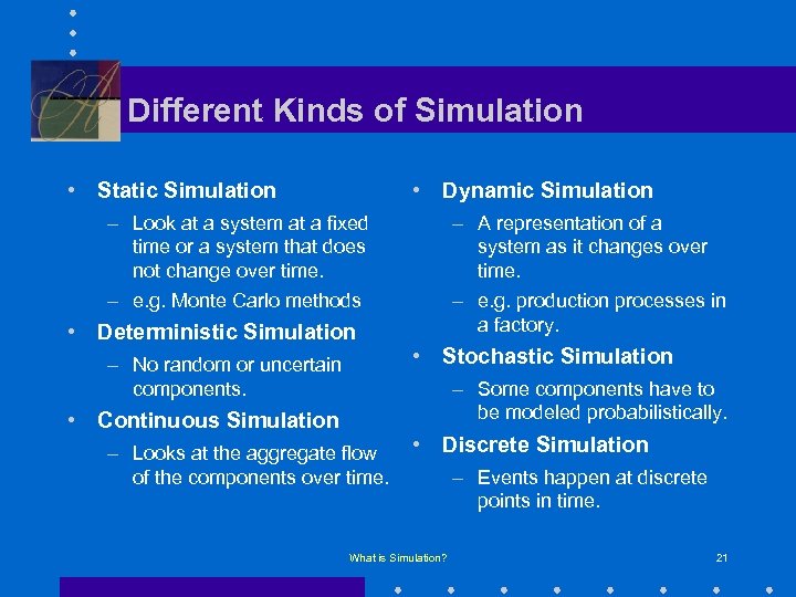 Different Kinds of Simulation • Static Simulation • Dynamic Simulation – Look at a