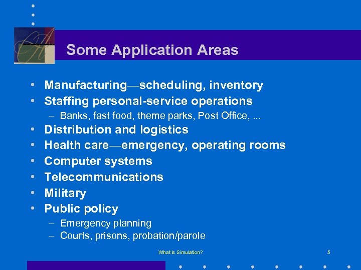 Some Application Areas • Manufacturing—scheduling, inventory • Staffing personal-service operations – Banks, fast food,