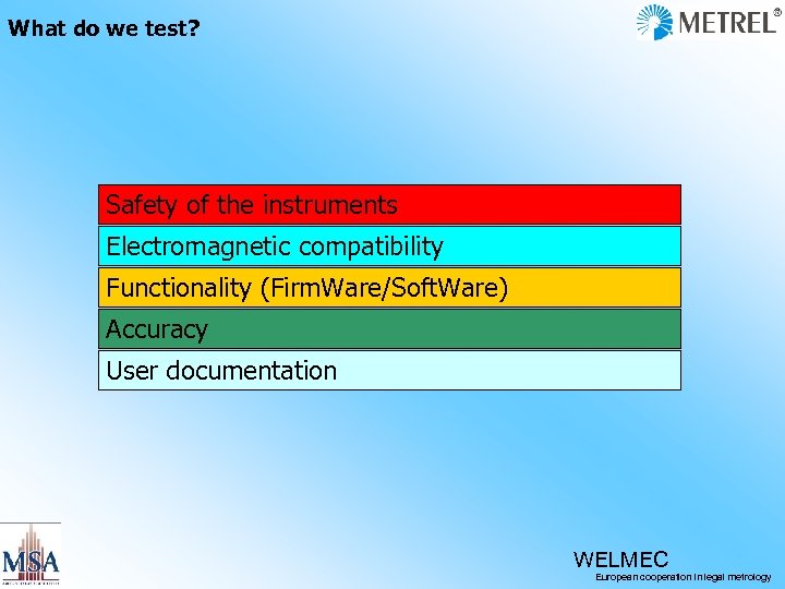 What do we test? Safety of the instruments Electromagnetic compatibility Functionality (Firm. Ware/Soft. Ware)
