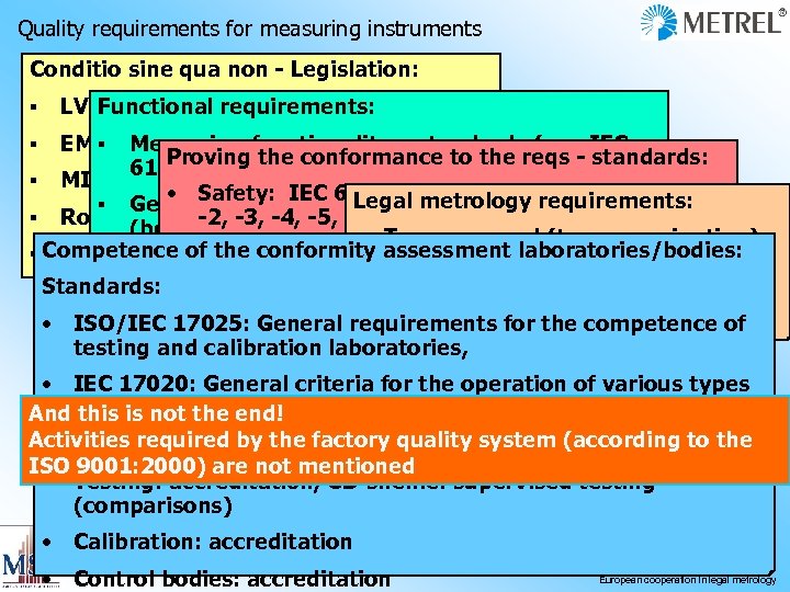 Quality requirements for measuring instruments Conditio sine qua non - Legislation: ▪ LVD directive