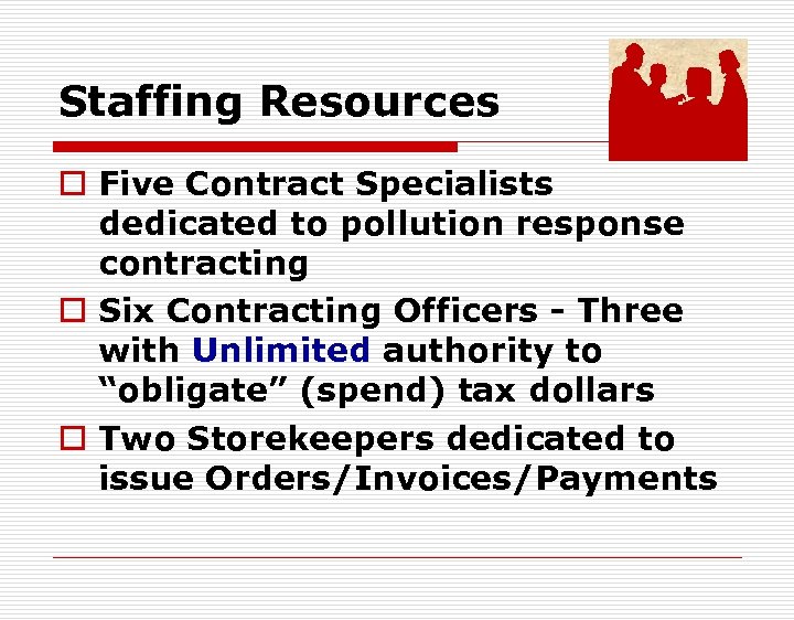 Staffing Resources o Five Contract Specialists dedicated to pollution response contracting o Six Contracting