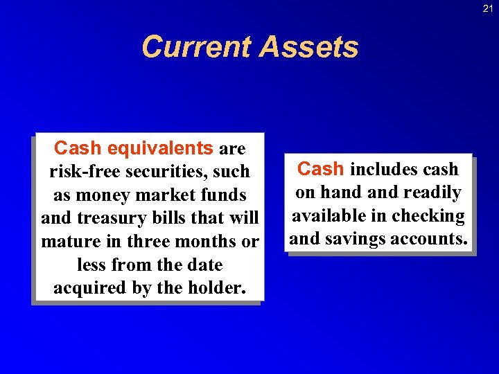 21 Current Assets Cash equivalents are risk-free securities, such as money market funds and