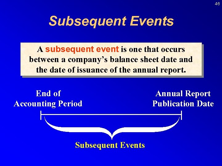 46 Subsequent Events A subsequent event is one that occurs between a company’s balance