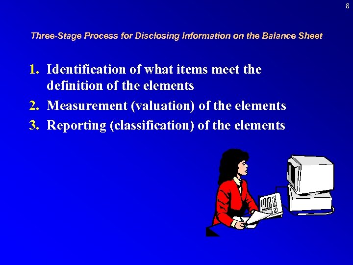 8 Three-Stage Process for Disclosing Information on the Balance Sheet 1. Identification of what