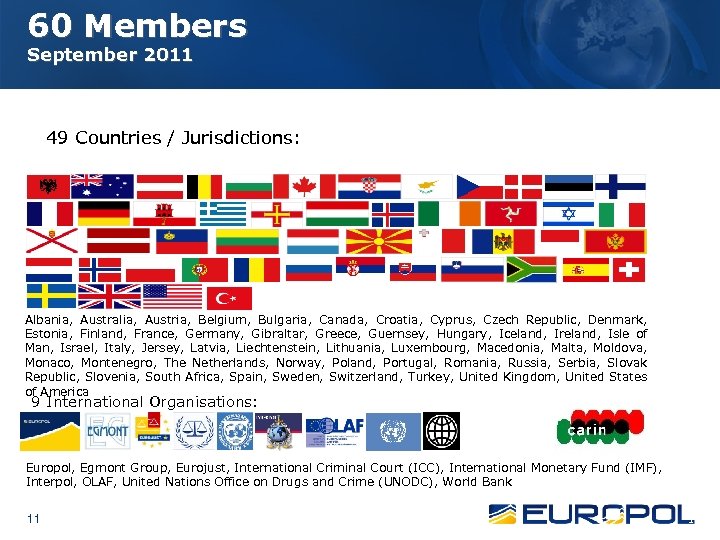 60 Members September 2011 49 Countries / Jurisdictions: Albania, Australia, Austria, Belgium, Bulgaria, Canada,