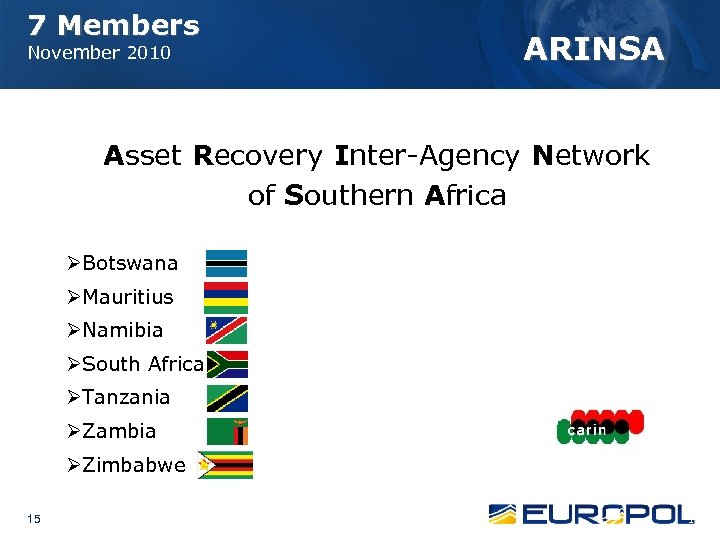 7 Members November 2010 ARINSA Asset Recovery Inter-Agency Network of Southern Africa ØBotswana ØMauritius