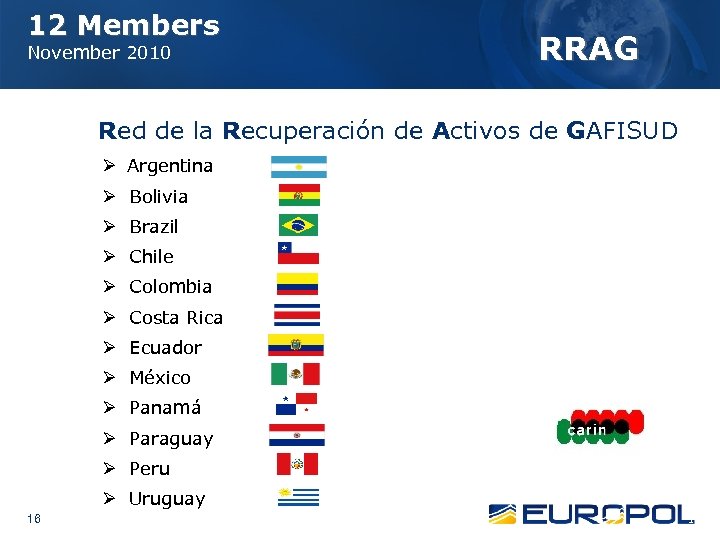 12 Members November 2010 RRAG Red de la Recuperación de Activos de GAFISUD Ø