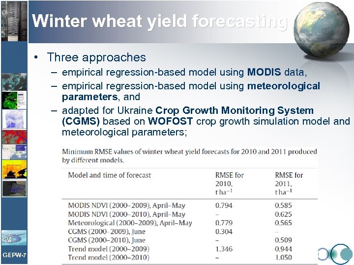 Winter wheat yield forecasting • Three approaches – empirical regression-based model using MODIS data,