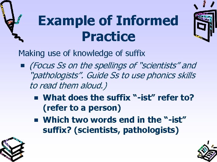 Example of Informed Practice Making use of knowledge of suffix (Focus Ss on the