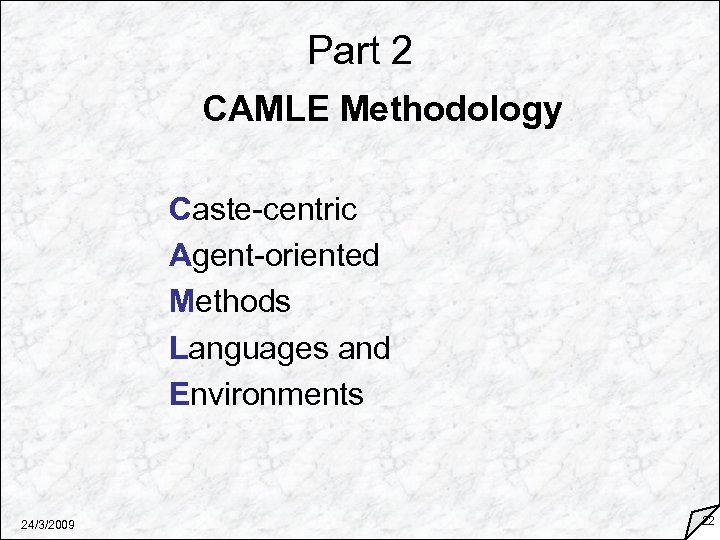 Part 2 CAMLE Methodology Caste-centric Agent-oriented Methods Languages and Environments 24/3/2009 22 