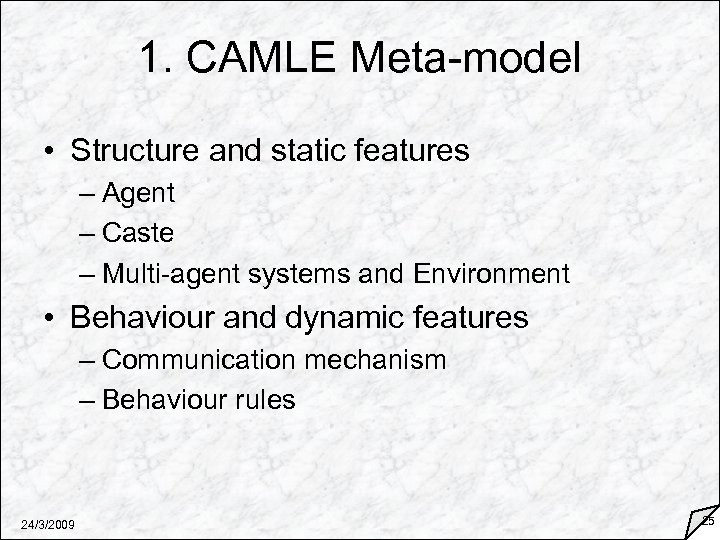 1. CAMLE Meta-model • Structure and static features – Agent – Caste – Multi-agent