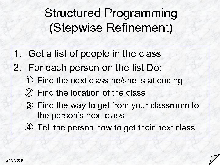 Structured Programming (Stepwise Refinement) 1. Get a list of people in the class 2.