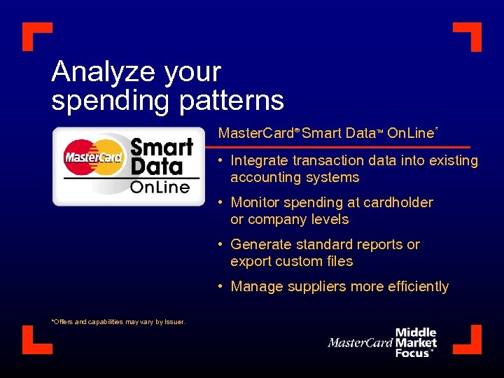 Analyze your spending patterns Master. Card Smart Data On. Line* ® TM • Integrate