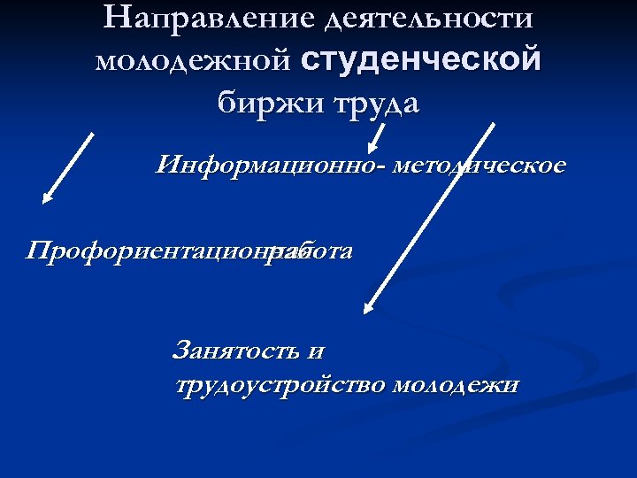 Направление деятельности молодежной студенческой биржи труда Информационно- методическое Профориентационная работа Занятость и трудоустройство молодежи