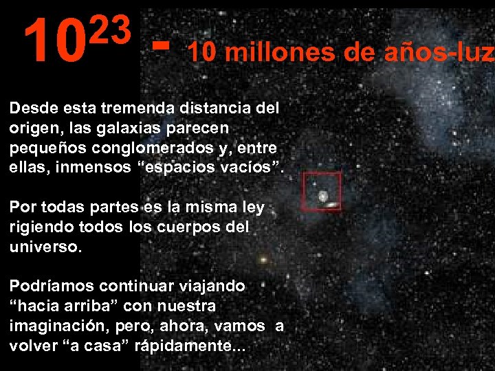23 10 - 10 millones de años-luz Desde esta tremenda distancia del origen, las