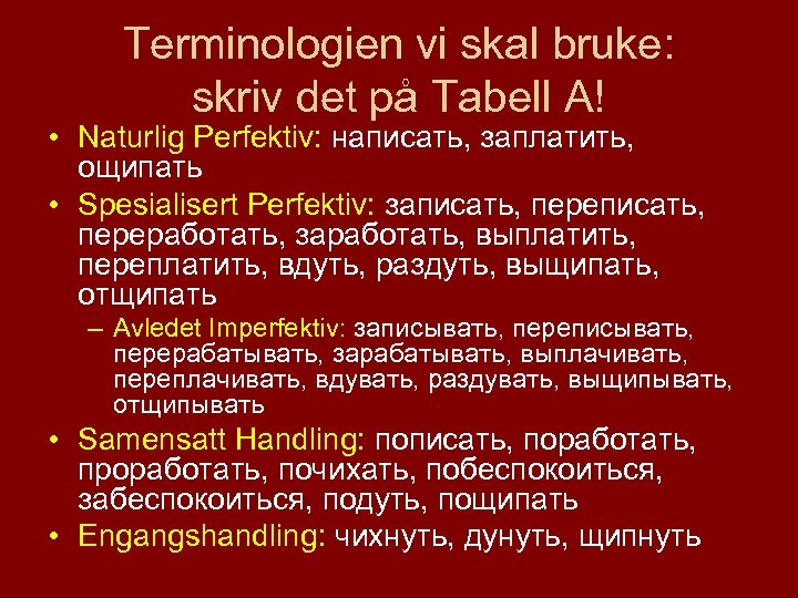 Terminologien vi skal bruke: skriv det på Tabell A! • Naturlig Perfektiv: написать, заплатить,