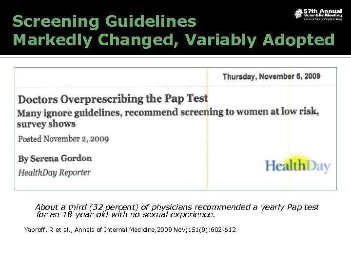 Screening Guidelines Markedly Changed, Variably Adopted About a third (32 percent) of physicians recommended