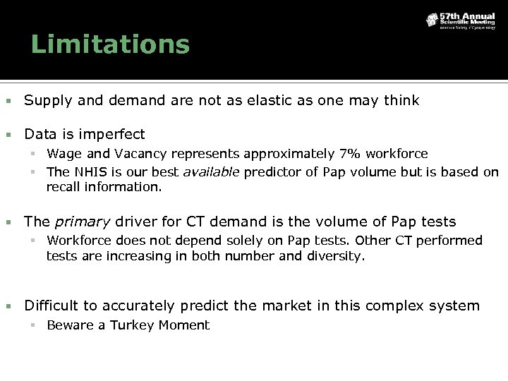Limitations Supply and demand are not as elastic as one may think Data is